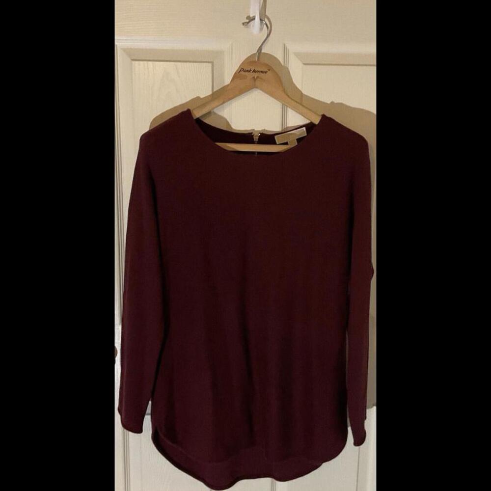 Michael Kors Boat Neck Knit Sweater Size Large Long Sleeve Zip Back Burgundy